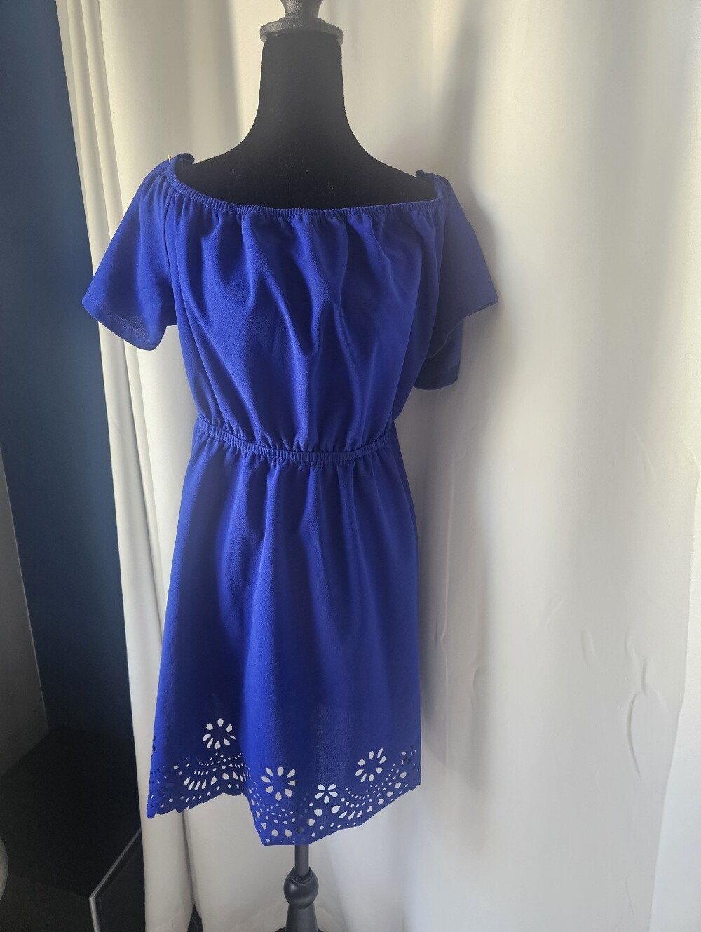 Off-Shoulder Royal Blue Cotton Dress with Eyelet Hem